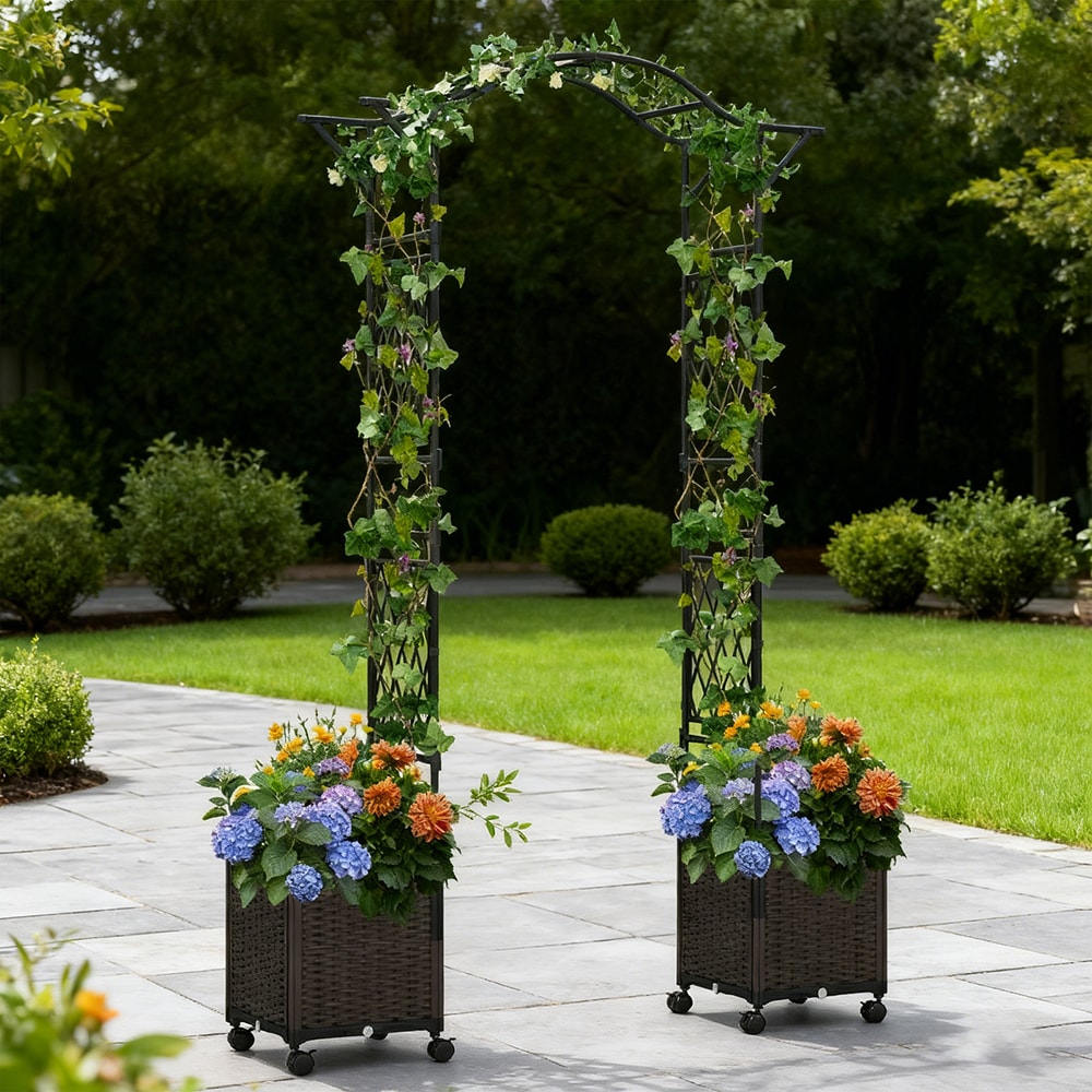 82 X 99 Inch Garden Arch Trellis With 2 Self-Watering Planter Boxes Wheels_voghion.com